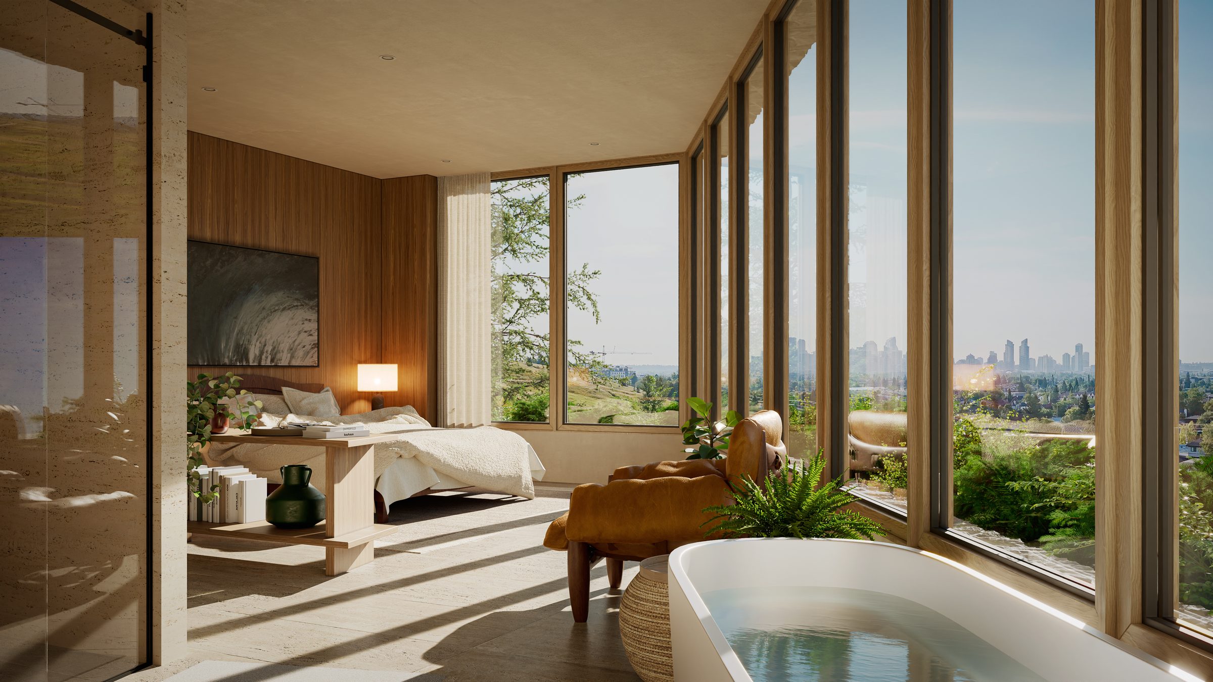 The Hill House | Anonymous Architecture | Primary bedroom and ensuite overlooking adjacent parkland and the city centre