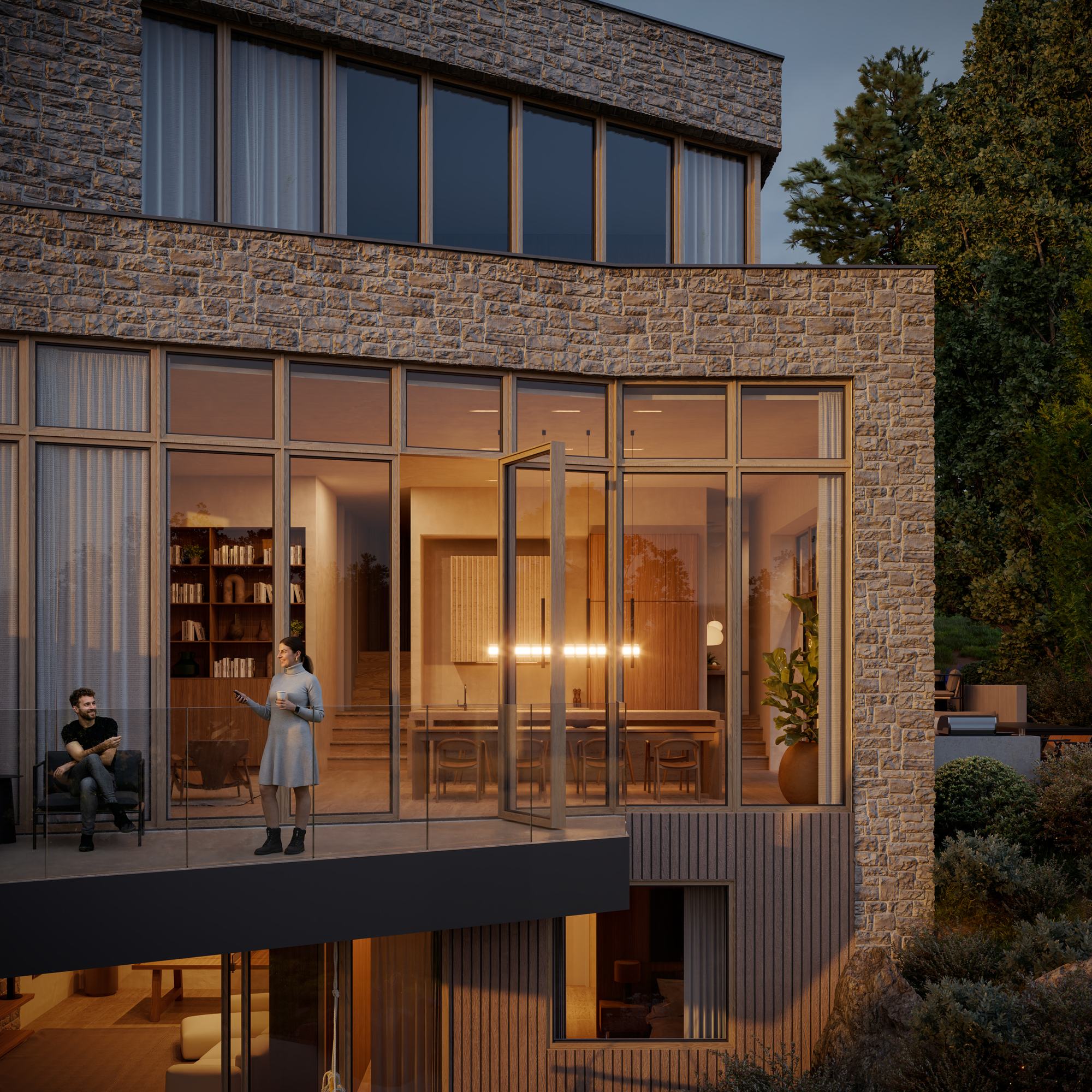 The Hill House | Anonymous Architecture | Cantilevered rear terrace at dusk with stone volumes stepping up the hillside