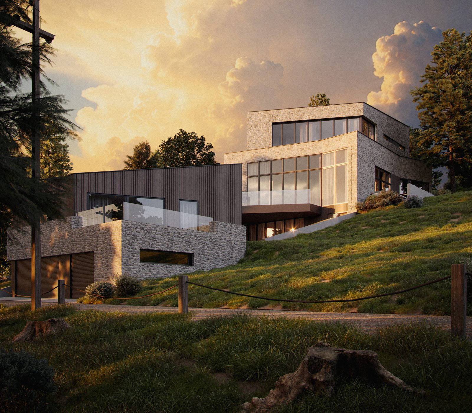 The Hill House | Anonymous Architecture | Stone and timber house stepping down the slope of Grasshopper Hill, Calgary, at sunset