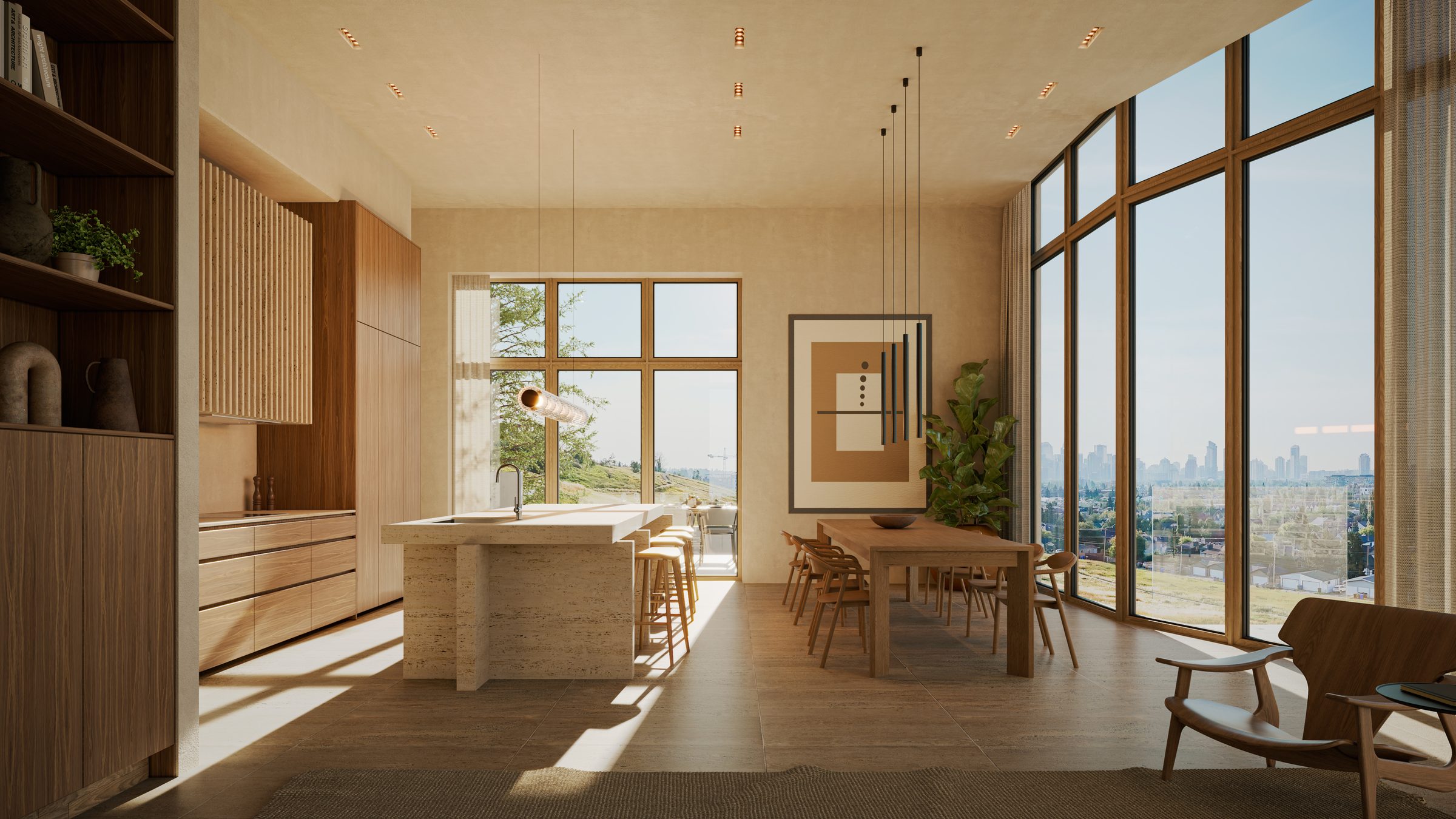 The Hill House | Anonymous Architecture | Kitchen and dining with a full-height view to the downtown skyline