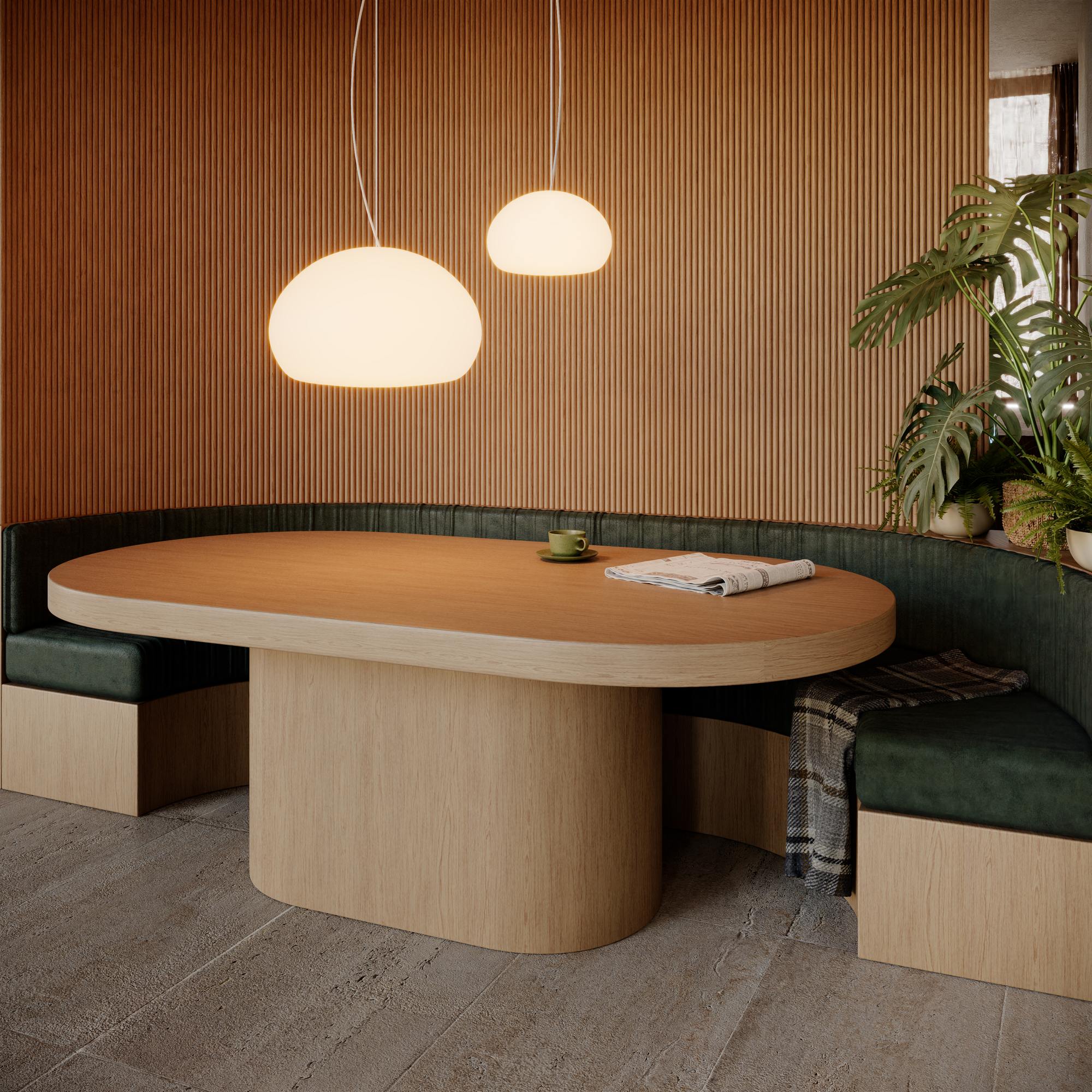 The Hill House | Anonymous Architecture | Breakfast room with a timber-slatted wall and curved leather banquette