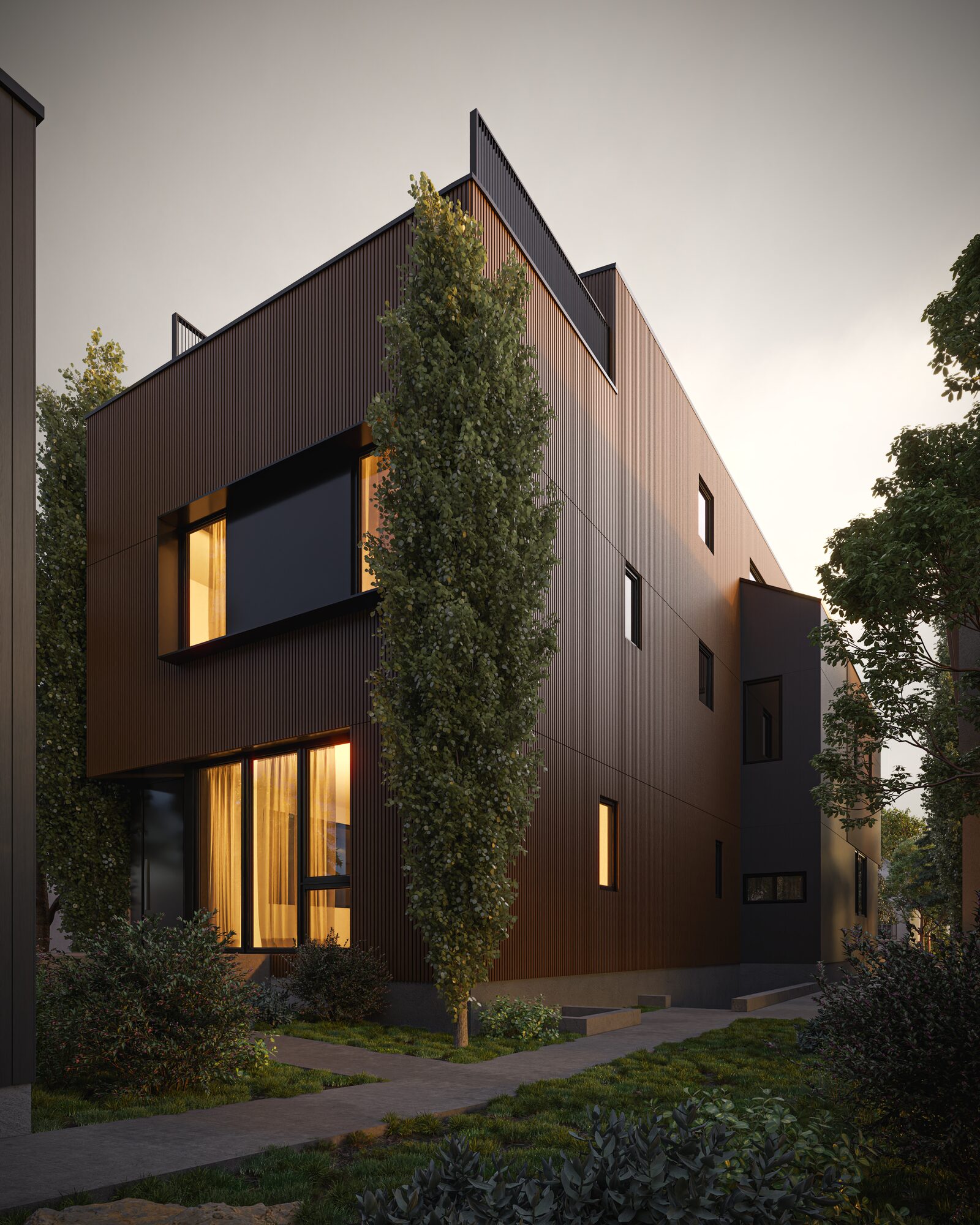 Ramsay Quintet side elevation showing staggered setbacks and stepped massing, a five-home missing middle development in Ramsay, Calgary